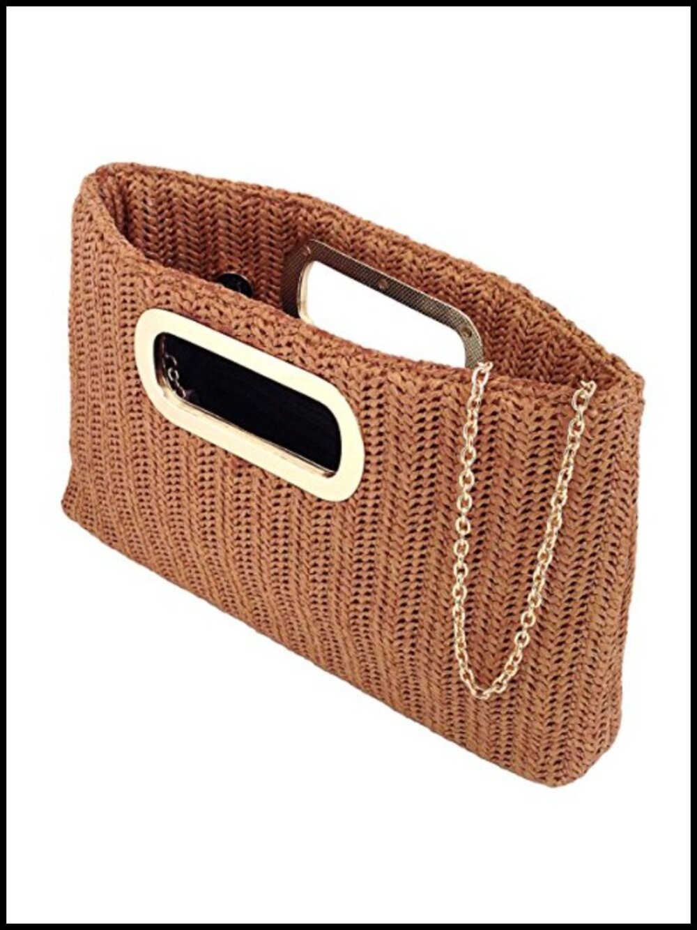 Woven Raffia Straw Clutch with Detachable Chain Strap - Picture 3 of 6